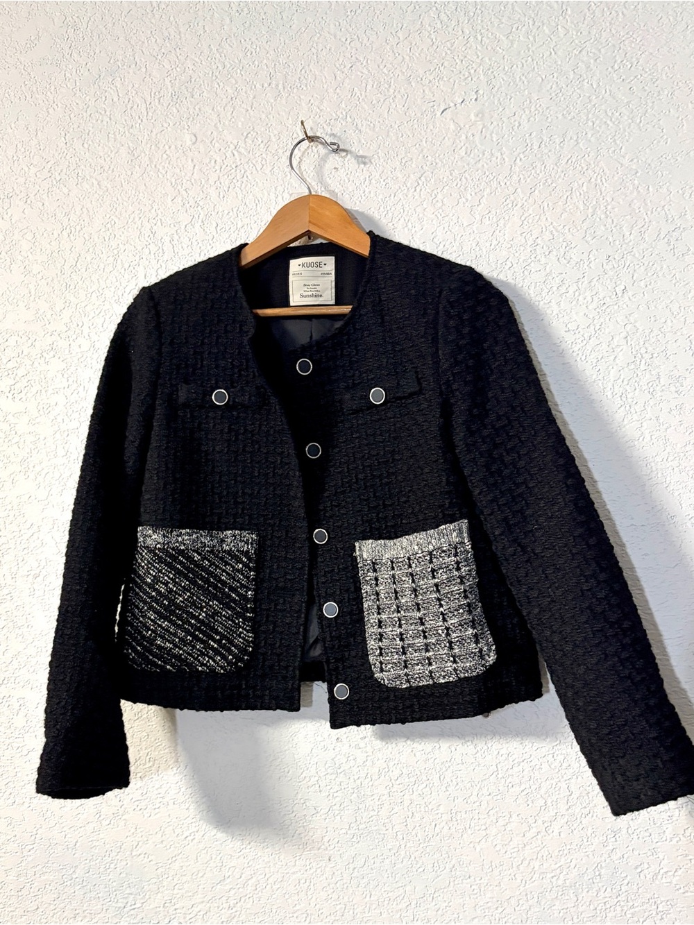 Black Tweed Women’s Collarless Jacket with Contrast Patch Pockets size S